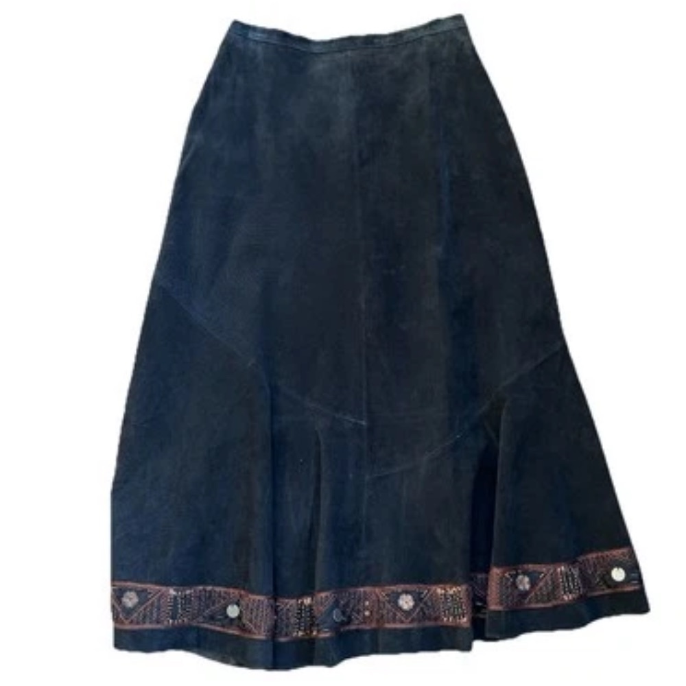 Chico’s Long Black Leather Cowgirl Skirt Beaded Trim Size 1 (Small)